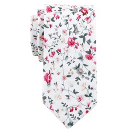 Men's Casual Skinny Novelty Necktie 2.36" Width White Coral Pink Floral Pattern Cotton Suit Ties