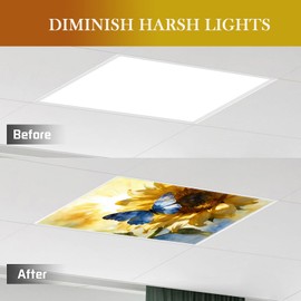2 Pack Fluorescent Light Covers for Drop Ceiling, Magnetic Fabric Diffuser, 4x2 Feet, for Office, School, Hospital, Home(Sunflower with Butterfly)