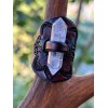 Gray Wolf Collections Druid Ring, Tooled Leather, Raw Quartz Crystal,