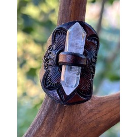 Gray Wolf Collections Druid Ring, Tooled Leather, Raw Quartz Crystal, Western, Celtic Design