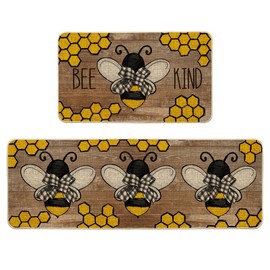 Artoid Mode Wood Yellow Bee Kind Spring Kitchen Mats Set of 2, Summer Home Decor Low-Profile Kitchen Rugs for Floor - 17x29 and 17x47 Inch