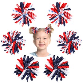 Whaline 6 Pack Patriotic Spiral Bow Clips 4th of July Star Stripe Hairgrips Grosgrain Ribbon Curly Spiral Swirl Alligator Clip Bows for Independence Memorial Day Baby Girls Toddlers Hair Accessories