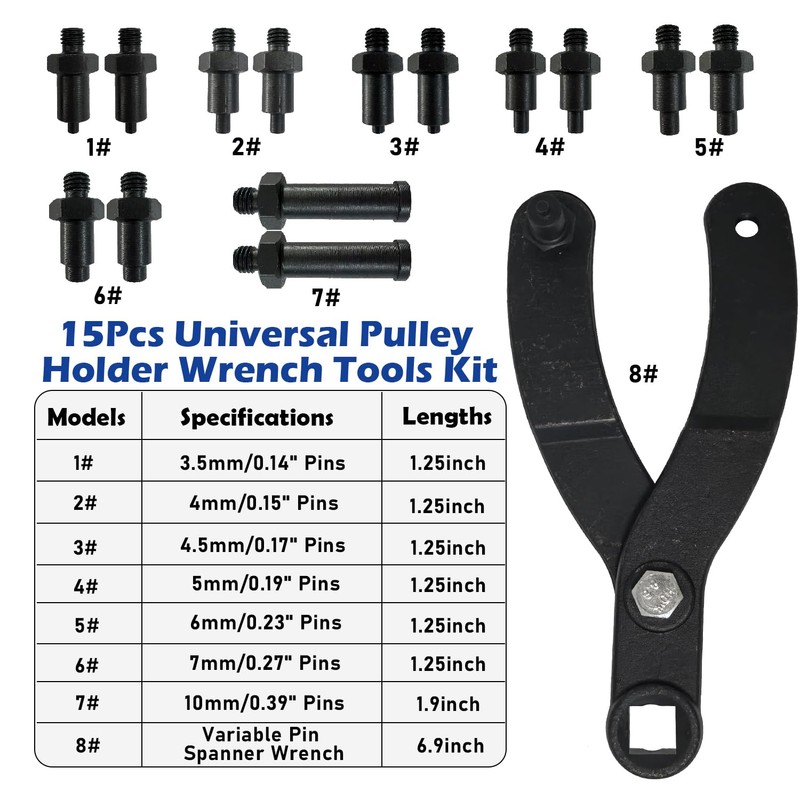 Socpuro 15PCS Universal Pulley Holder Tool Kit, Variable Pin Spanner