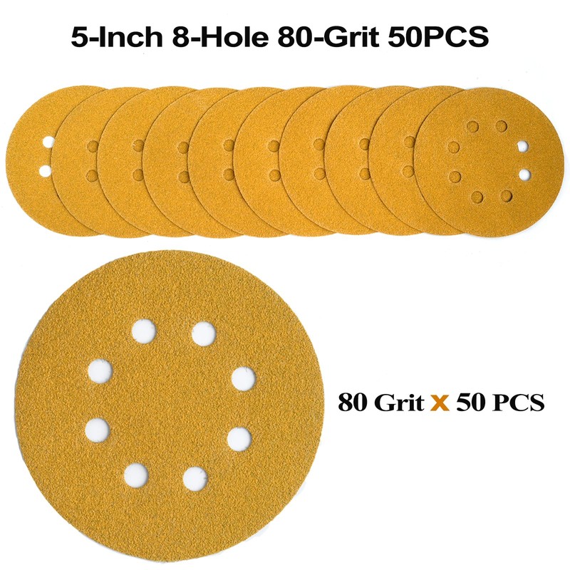 Aiyard 5-Inch 8-Hole Hook and Loop Sanding Discs 80-Grit Random