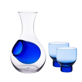 Urban Tokyo Japanese Cold Sake Wine 3 Piece Set Include Glass Decanter Sake Bottle with Ice Cavity Pocket and 2 Cups For Home or Restaurant Use (Blue Pocket)