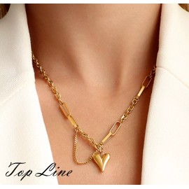 DAINTY Women 18 K Gold Plated Titanium Stainless Steel Gold Heart Love Necklace 17-19"