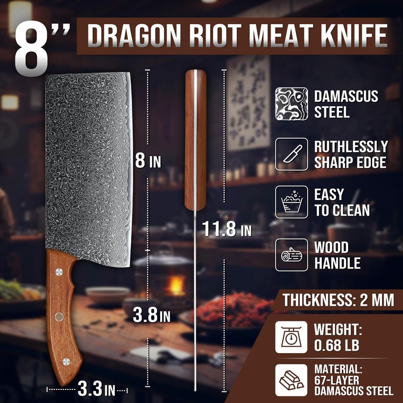 DRAGON RIOT Damascus Cleaver Knife 10 inch, VG10 Damascus Knife