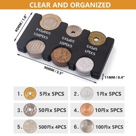 Japanese Yen Coin Holders Hard Case Organizer, Portable Coin Dispenser with 6 Slots Rectangle Plastic Coins Sorter Collection Wallet for Travel Car Coins Storage (Black +Transparent)