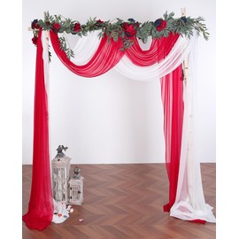 Tewechinb 2 Panels 30Ft Extra Long Wedding Arch Sheer Draping Fabric, Slightly Shimmery Arch Drapes for Wedding Party Reception Backdrop (White & Red)