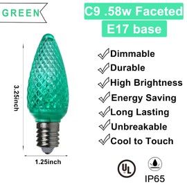 UL Listed Set of 25 C9 Green Led Christmas Lights Replacement Bulbs,Dimmable High Brightness Waterproof Christmas Replacement Bulbs for Outdoor Christmas Holiday Decoration (Green)