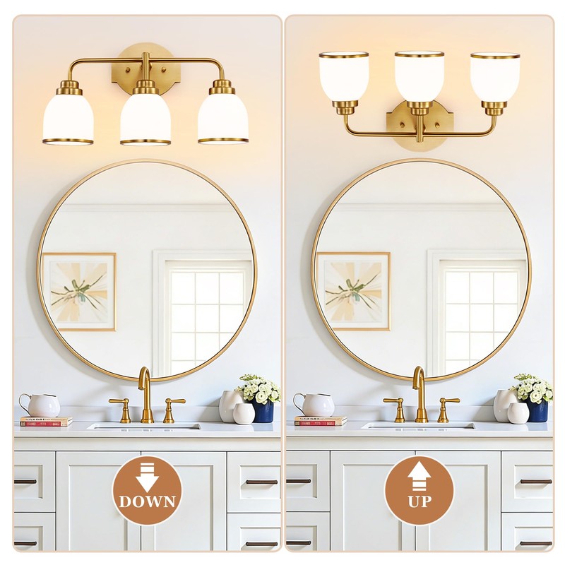 EvmVom 3-Light Brushed Gold Bathroom Light Fixtures, with Milk White