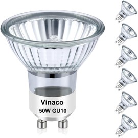 Vinaco GU10 Halogen 50 W Halogen Bulbs, Pack of 6 Long Lasting GU10 C 230 V 50 W Halogens, GU10 Dimmable Warm White 2800 K, High Brightness GU10 Halogen Bulbs 50 Watt for Built-In Track Lighting