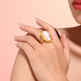 Cybche Boho Baroque Pearl Ring Gold Adjustable Open Pearl Knuckle Finger Rings Wedding Irregular Statement Large Pearls Ring Jewelry for Women