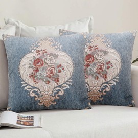 Fycyko Cushion Covers 45x45 cm Pack of 2 Decorative Throw Pillow Covers Square Pillow cases Cotton Linen Velvet Soft Pillowcase for Home Spring decor Sofa Couch Living Room Bed 18x18 Inch, Blue A