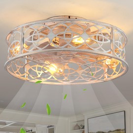 jarensen 20"Caged Ceiling Fans with Lights Remote Control Industrial Low Profile Flush Mount Ceiling Fan,Farmhouse Bladeless Small Ceiling Fan with Light 4 Bulbs 6 Speed Reversible for Kitchen,Bedroom