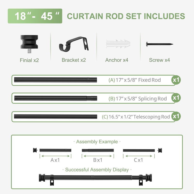 TKZTKZ Sturdy Durable Curtain Rod:Black Curtain Rods for Windows 18-45