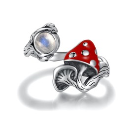 Zepmais Sterling Silver Mushroom Ring - S925 Vintage Moonstone Rings Adjustable Open Nature Jewelry Gifts for Women