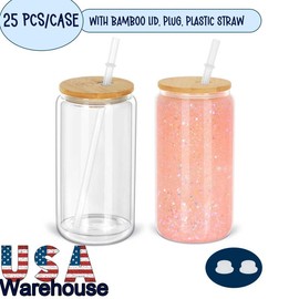 16 Oz Glass Snowglobe Tumbler Blank, Double Wall Glass Can with Pre-drilled Hole, 25 pack - Color: With bamboo lid