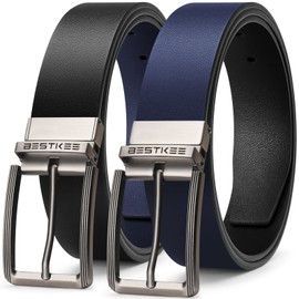 BESTKEE Men's Leather Belt, 35 mm Men's Belt, Suit Belt, Denim Belt for Men, One Belt Reversible Two Colours, Black (blue)