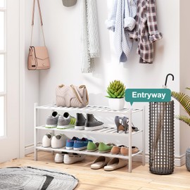 viewcare 3-Tier Long Shoe Rack, Bamboo Wood Shoe Rack for Closet, Entryway & Hallway, Stackable White Shoe Shelf Storage Organizer for Indoor Outdoor