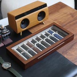 Besforu Watch Band Organizer Case for Men or Women Holder Watch Band, Wooden Watch Band Storage Box with Real Glass Window (Walnut veneer 10 slot)