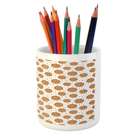 Ambesonne Chocolate Pencil Pen Holder, Round Cookies Yummy Homemade Dessert Pattern Pastry Bakeds Print, Printed Ceramic Pencil Pen Holder for Desk Office Accessory, Pale Caramel and White
