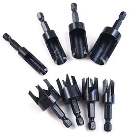 Takelablaze Wood Plug Cutters Drill Bit Set with 1/4 Hex Shank, Straight and Tapered Taper Cutting Tool 1/4", 5/16", 3/8", 1/2", 8Pcs, Black