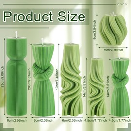 Threlaco 6 Pcs Pillar Candles Modern Aesthetic Ribbed Decorative Candle Set Cute Soy Wax Scented Ribbed Decor for Home(Green,3.39-9.06 Inch)