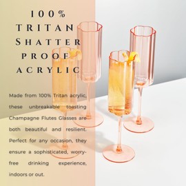 Khen Shatterproof Acrylic Flower Wavy Vintage Champagne Flute, Art Deco Pink Color Plastic Tritan Coupe Glasses | 4 Set | 6.5oz Ripple Glassware Classic Cocktail Indoor & Outdoor Design Set