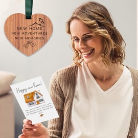 New Home Ornament, Wooden Pendant New House Congratulations with Greeting Card Present Adventure Happy Home Gifts Friends House Owners Christmas