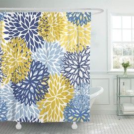 TOMPOP Shower Curtain Green Spring Flower Blue Yellow and Navy Chrysanthemum Brown Waterproof Polyester Fabric Bathroom 72 x 72 Inches Set with Hooks