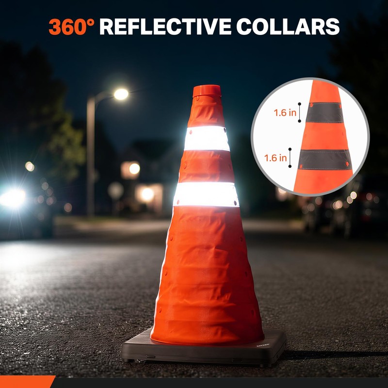 BATTIFE Collapsible Traffic Cones, Reflective Safety Cones with Black Base