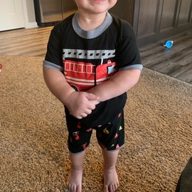 Akyzic Boys Pajamas Fire Truck 100% Cotton Black Pjs Toddler 2 Piece Short Sleeve Sleepwear Kids Fireman Clothes Set 10t