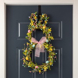 Glitzhome 24.5”H Easter Bunny Spring Wreath with Easter Eggss & Spring Flowers for Front Door Wall Decoration
