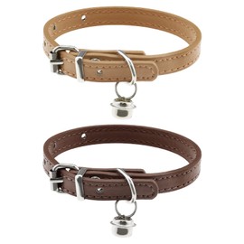 Pack of 2 Cat Collar with Removable Bell, PU Leather Cat Collars for 15-23 cm Neck Circumference, Adjustable Length, 1 cm Width, Coffee & Khaki