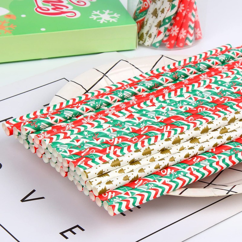 VEYLIN 150 PCS Christmas Paper Straws, Biodegradable Paper Straws for
