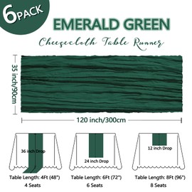 6 Pack Emerald Green Cheesecloth Table Runner 10Ft Gauze Cheese Cloth Table Runner 35x120 Inch Boho Sheer Rustic Fabric Runner for Party Bridal Baby Shower Wedding Table Decoration