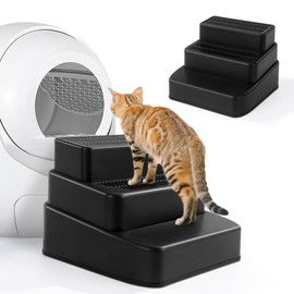 BALAPET Adjustable 3 Steps Litter Box Ramp with Filter Function, Detachable Litter Trapper, Non-Slip Cat Litter Stair for Small & Elderly Cats(Black)