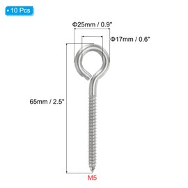 PATIKIL Screw Eyes 3/16 x 2.5 Inch / M5x65mm, 10 Pcs 304 Stainless Steel Eye Screw Hooks Self Tapping Eye Bolt for Wood Securing Cables Wire, Indoor & Outdoor Use, Silver