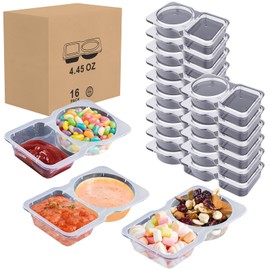 Double Compartment Condiment Containers with Lids, 2025 New Disposable 2 Compartment Snack Containers, Portion Cups Reusable Plastic Snack Container for Sampling, to-go Sauce, Travel Snack (16 Pack)