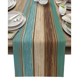 Farmhouse Table Runners 72 inches Long Retro Rustic Barn Wood&Teal Green Brown Turquoise Linen Burlap Rectangle Dresser Scarves Table Setting Decor for Wedding Party Holiday Coffee Dinner Home