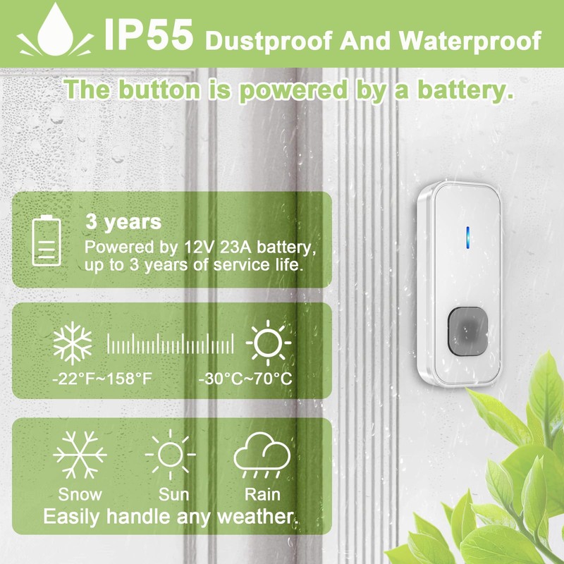 SURFOU Doorbell Waterproof Wireless Doorbell Easy Install at 1,300ft Long