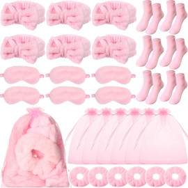 Wavyknot 30 Pcs Sleepover Party Supplies Spa Party Favors Include 6 Bow Headbands 6 Eye Masks 6 Pink Socks 6 Scrunchies 6 Organza Bags for Slumber Spa Birthday Bachelorette Pajama Gifts