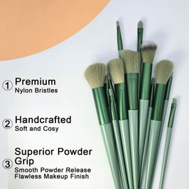 Angelkiss 13-Piece Professional Makeup Brush Kit – Foundation, Powder, Eyeshadow, Eyebrow Brushes with Soft Pouch (Green), Premium Cosmetic Brush Set.