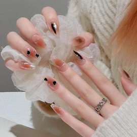 Pure Handmade Nails Press on Nail Reusable Fake Nails Golden&Brown Heart Nude Medium Stick on Nails French Tip False Nails 10pcs (M, Q266DT)