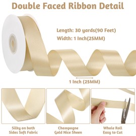 Double Faced Champagne Ribbon 1 inch 30 Yards Champagne Gold Satin Ribbon Fabric Ribbon for Gift Wrapping Fall Decor Hair Bows Party Birthday Christmas Decorations