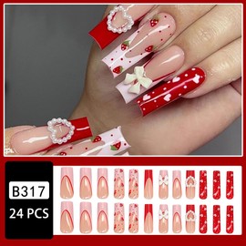 Valentine's Day Press on Nails Long Square Fake Nails Cute Nails Press ons with 3D Bow Pearl Nail Charms Designs Acrylic Nails Full Cover Glossy Glue on Nails Stick on Nails for Women Manicure 24 Pcs