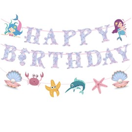 Mermaid Happy Birthday Banner Mermaid Flag, Mermaid Birthday Decorations for Girls, Boys, Kids,Mermaid Party Supplies,Little Mermaid Birthday Decoration for Sea Theme Parties and Home Decor