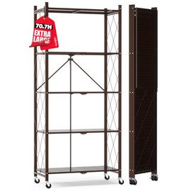 ALANNG 70.7" H Metal Storage Shelves, 5 Tier Folding Shelf on Wheels, Heavy Duty, No Assembly, Rolling, Collapsible Rack Unit for Kitchen, Basement, Pantry (Vintage Brown,1 Pack)