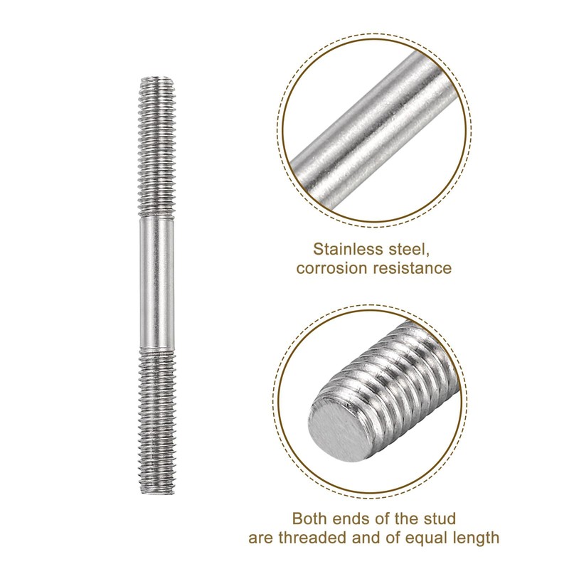 sourcing map 5Pcs M6x60mm 304 Stainless Steel Double End Threaded
